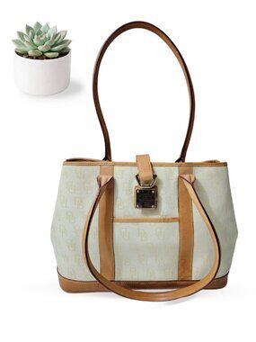 Dooney & Bourke DB Monogram Tote Bag Cream Canvas Brown Leather Shoulder Bag